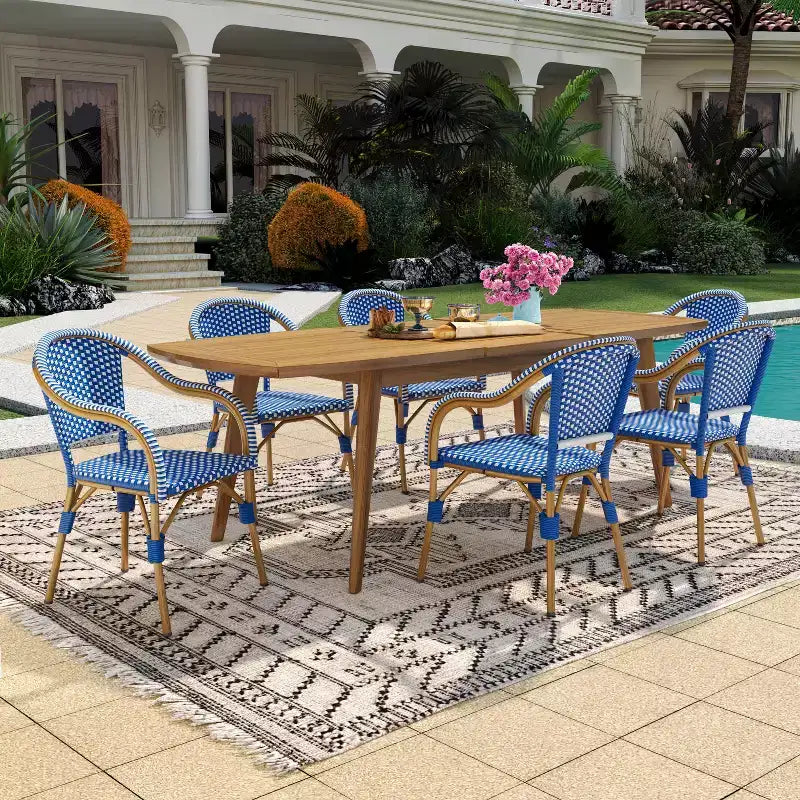 Christopher Knight Home Natacha 7 Piece French PE Rattan Outdoor Dining Set with Acacia Wood Extendable Dining Table