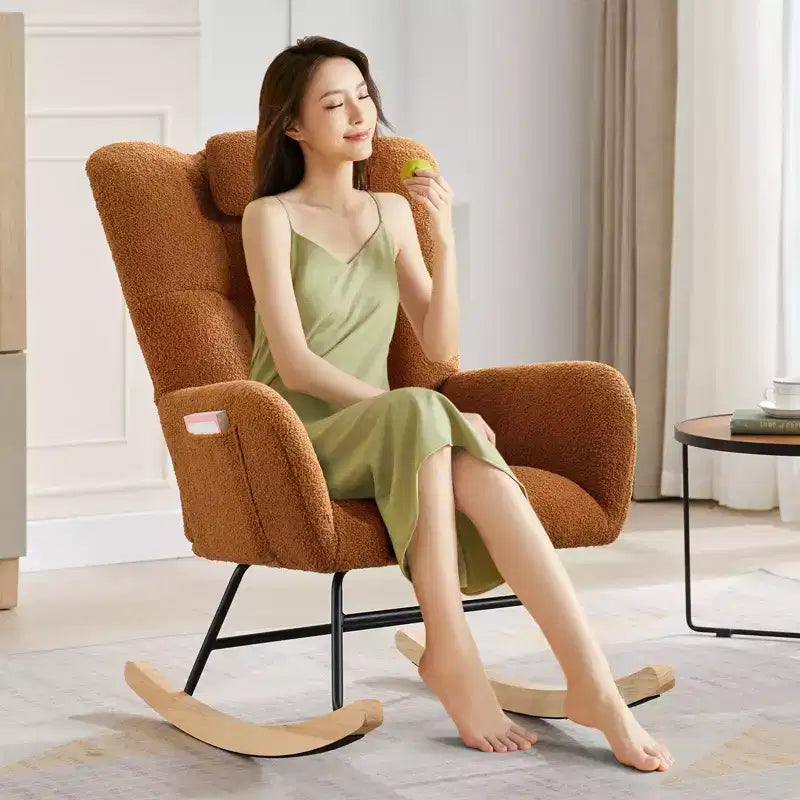 Nursery Glider Rocker Chair  Teddy Fabric, High Back with Head Support, Brown Accent Rocking Chair for Bedroom or Living Room