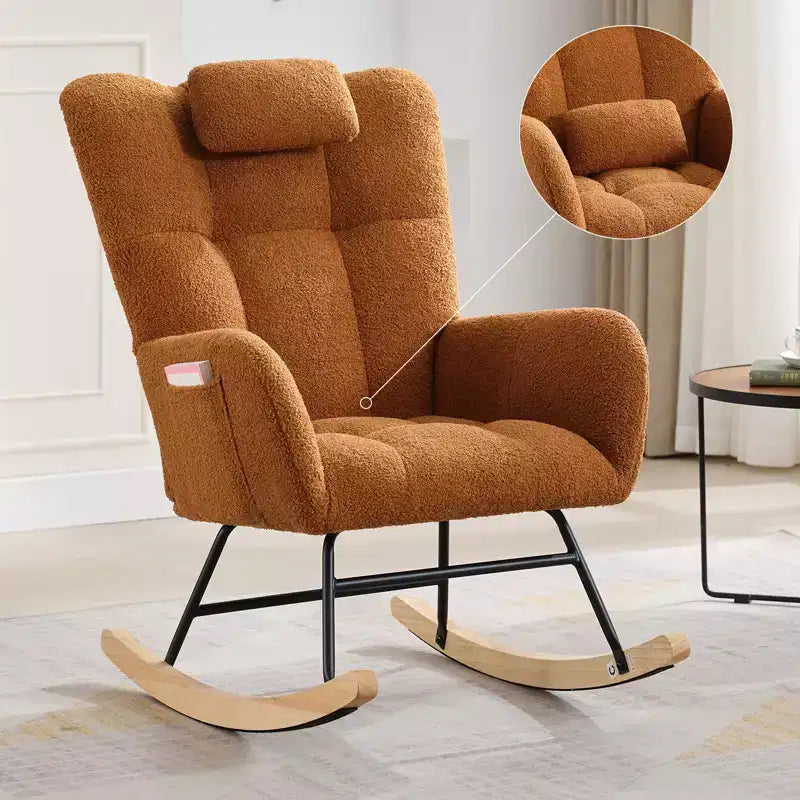 Fauteuil à bascule de puériculture Tissu Teddy, Dossier haut avec support de tête, Fauteuil à bascule marron d'appoint pour Chambre ou Salon