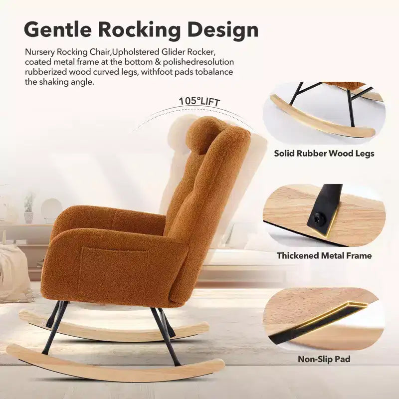 Fauteuil à bascule de puériculture Tissu Teddy, Dossier haut avec support de tête, Fauteuil à bascule marron d'appoint pour Chambre ou Salon