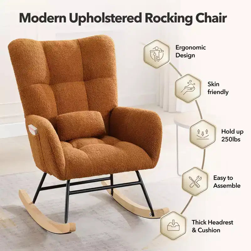Fauteuil à bascule de puériculture Tissu Teddy, Dossier haut avec support de tête, Fauteuil à bascule marron d'appoint pour Chambre ou Salon