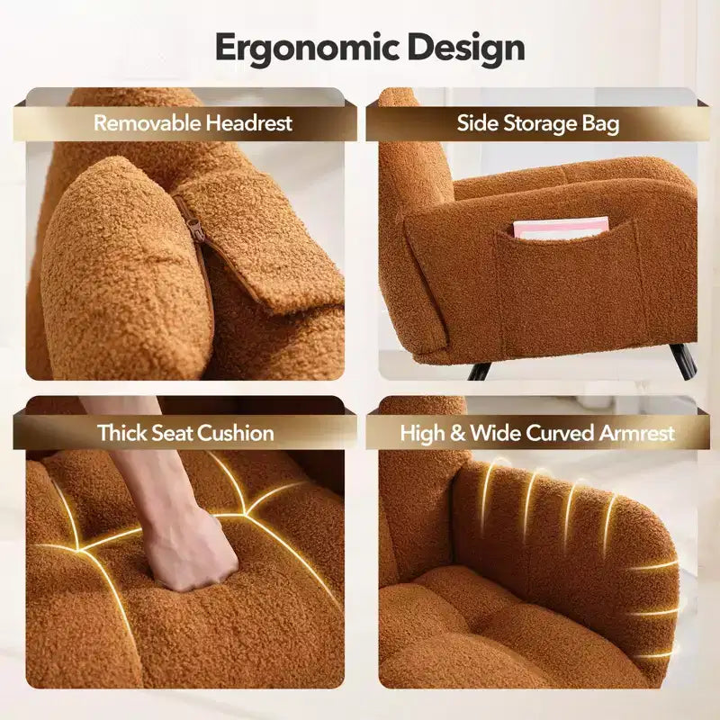 Fauteuil à bascule de puériculture Tissu Teddy, Dossier haut avec support de tête, Fauteuil à bascule marron d'appoint pour Chambre ou Salon
