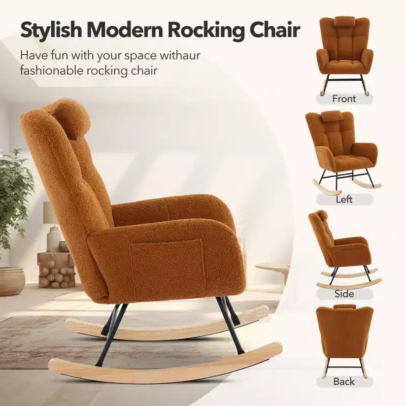 Fauteuil à bascule de puériculture Tissu Teddy, Dossier haut avec support de tête, Fauteuil à bascule marron d'appoint pour Chambre ou Salon