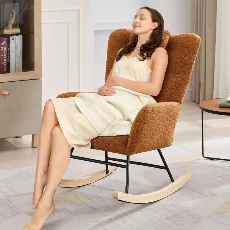 Fauteuil à bascule de puériculture Tissu Teddy, Dossier haut avec support de tête, Fauteuil à bascule marron d'appoint pour Chambre ou Salon