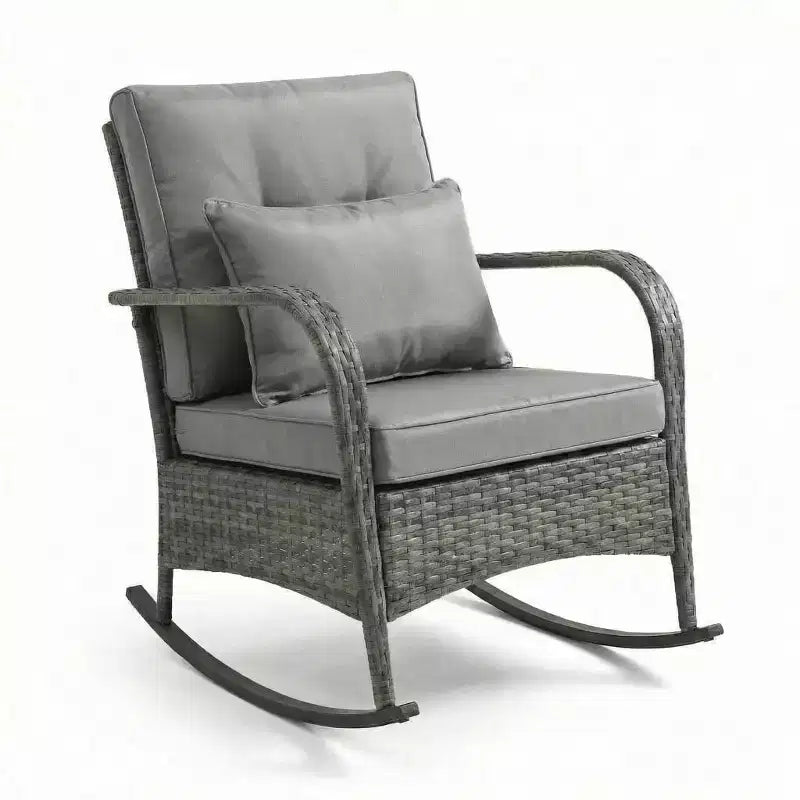 Outdoor Rocking Chair, Patio Rattan Rocker Chair with Cushions & Steel Frame for Garden, Porch, Backyard, Poolside