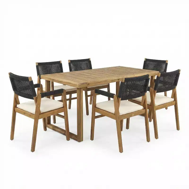 Ensemble de salle à manger d'extérieur 7 pièces Beryle en bois d'acacia et corde avec coussins par Christopher Knight Home
