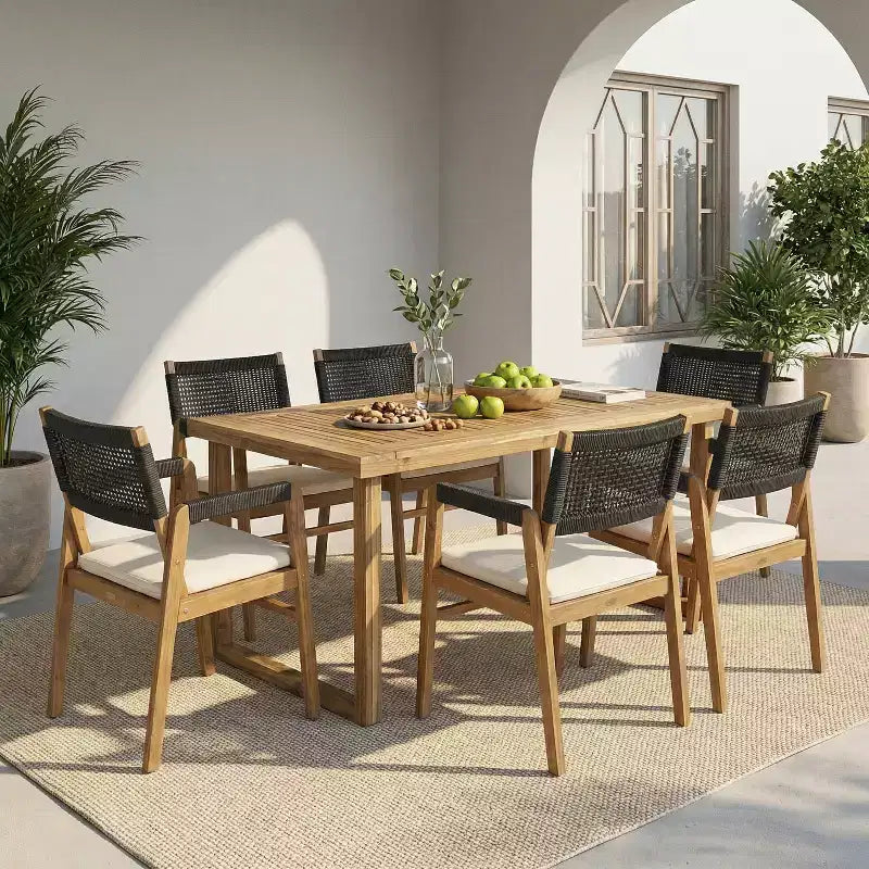 Christopher Knight Home Beryle 7 Piece Acacia Wood and Rope Outdoor Dining Set with Cushions