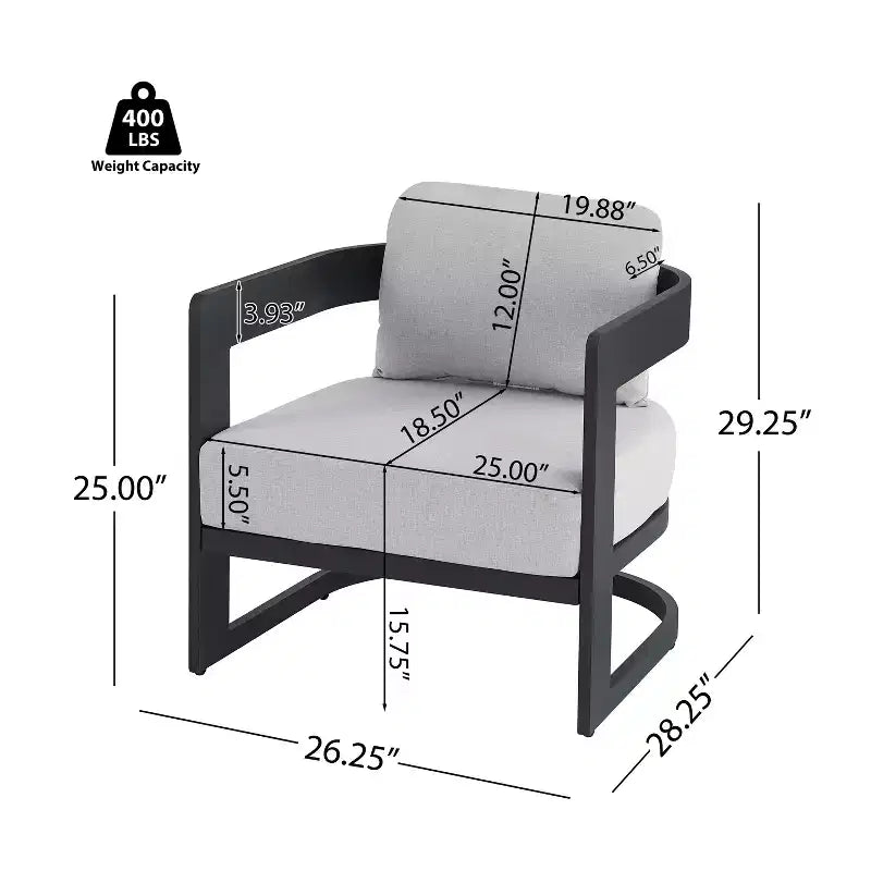 Fauteuil de club d'extérieur ModernLuxe en aluminium avec coussins de qualité supérieure, chaise longue de patio résistante à la rouille, gris