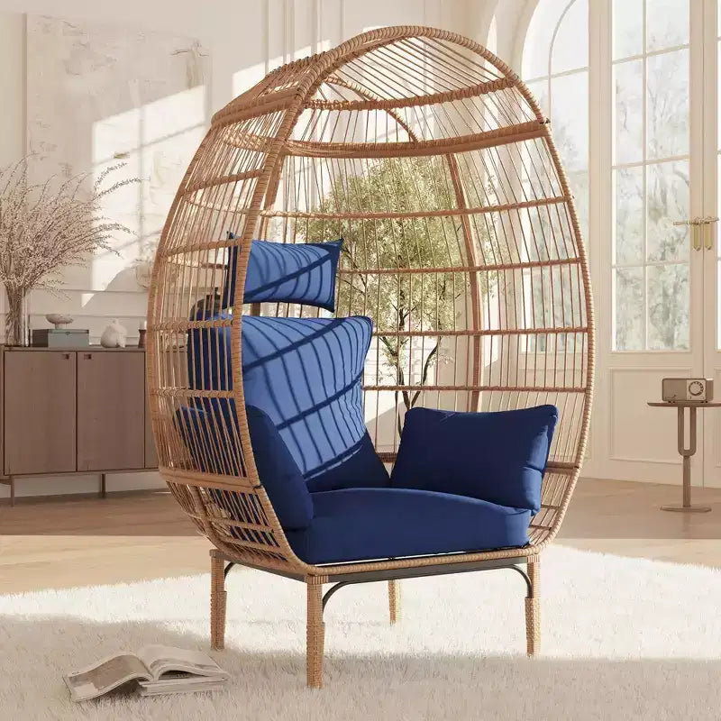 Oversized Patio Egg Chair - Handwoven PE Rattan Lounge Chair with Cushions & Extra Wide Seat for Indoor/Outdoor Use on Patio, Balcony & Living Room