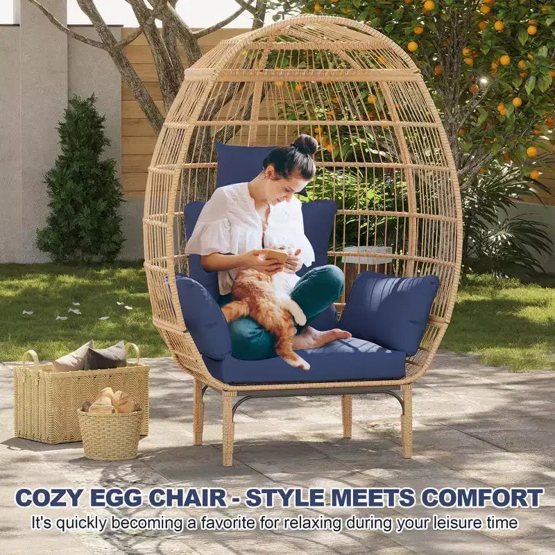 Fauteuil œuf de patio surdimensionné – Chaise longue en rotin PE tressé à la main avec coussins et siège extra large pour une utilisation intérieure/extérieure sur la terrasse, le balcon et dans le salon