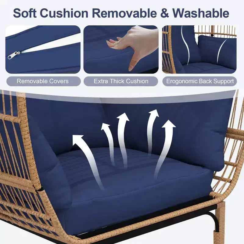 Fauteuil œuf de patio surdimensionné – Chaise longue en rotin PE tressé à la main avec coussins et siège extra large pour une utilisation intérieure/extérieure sur la terrasse, le balcon et dans le salon