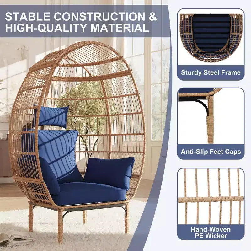 Fauteuil œuf de patio surdimensionné – Chaise longue en rotin PE tressé à la main avec coussins et siège extra large pour une utilisation intérieure/extérieure sur la terrasse, le balcon et dans le salon