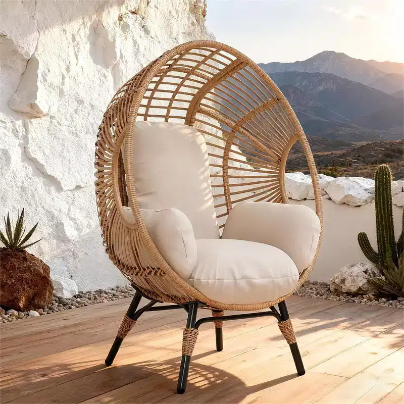 Whisen Outdoor Arc Back Hanging Egg Chair, Patio PE Rattan Swing Chair with Cushion - Natural