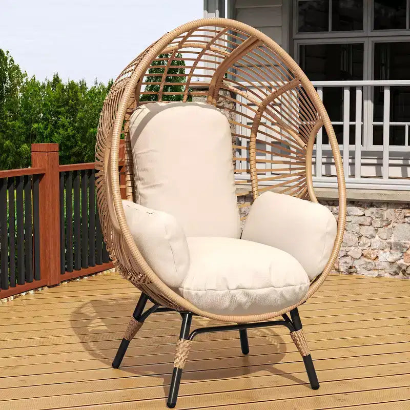 Fauteuil suspendu Whisen Outdoor Arc Back en forme d'œuf, Balancelle de patio en rotin PE avec coussin - Naturel
