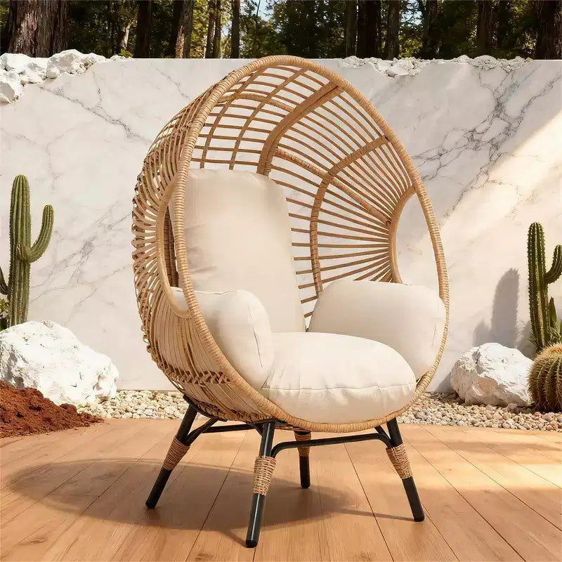 Fauteuil suspendu Whisen Outdoor Arc Back en forme d'œuf, Balancelle de patio en rotin PE avec coussin - Naturel