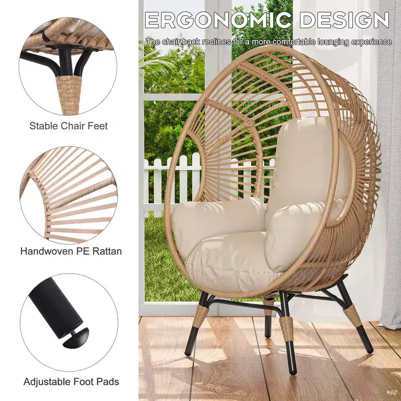 Fauteuil suspendu Whisen Outdoor Arc Back en forme d'œuf, Balancelle de patio en rotin PE avec coussin - Naturel