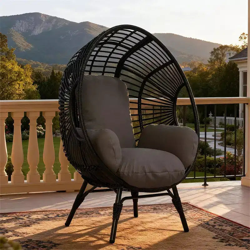 Whisen Outdoor Arc Back Hanging Egg Chair, Patio PE Rattan Swing Chair with Cushion - Black & Gray