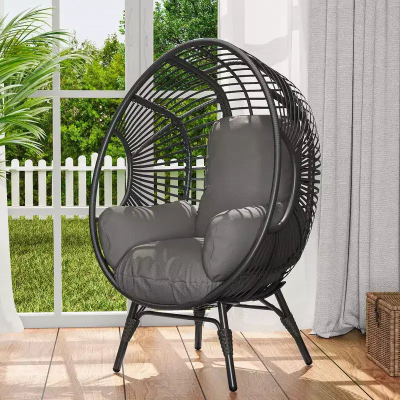 Chaise suspendue œuf Whisen Outdoor Arc, balancelle de patio en rotin PE avec coussin - Noir et Gris