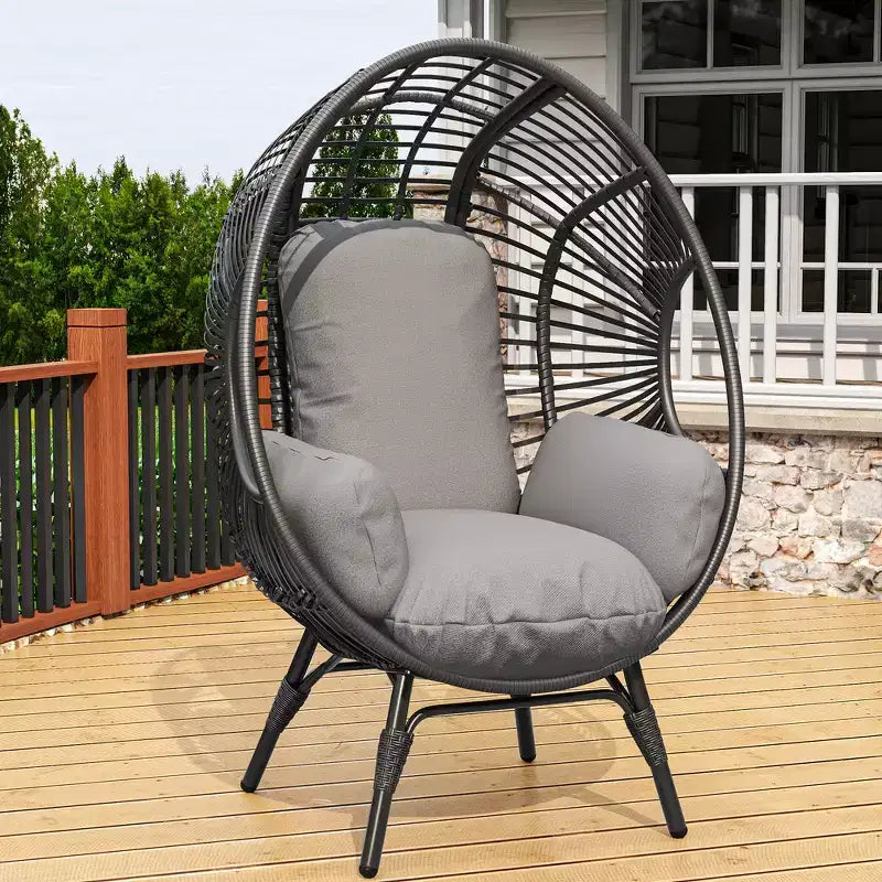 Chaise suspendue œuf Whisen Outdoor Arc, balancelle de patio en rotin PE avec coussin - Noir et Gris