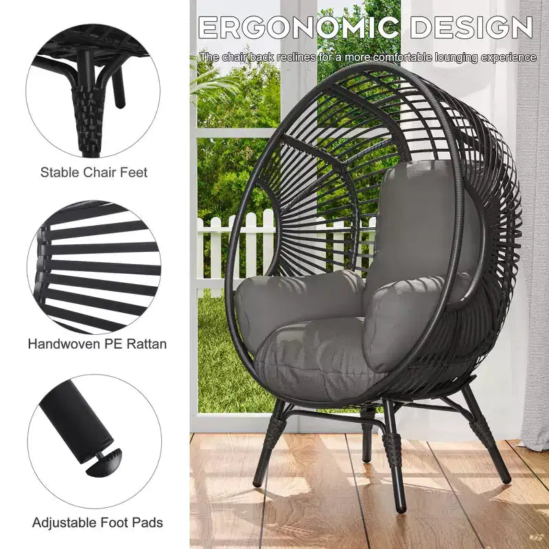 Chaise suspendue œuf Whisen Outdoor Arc, balancelle de patio en rotin PE avec coussin - Noir et Gris
