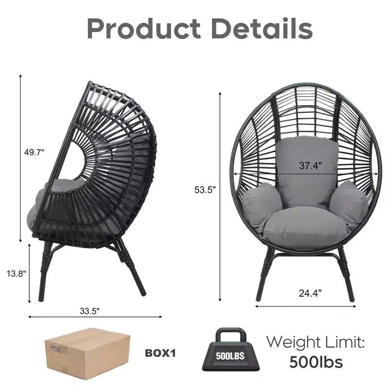 Chaise suspendue œuf Whisen Outdoor Arc, balancelle de patio en rotin PE avec coussin - Noir et Gris