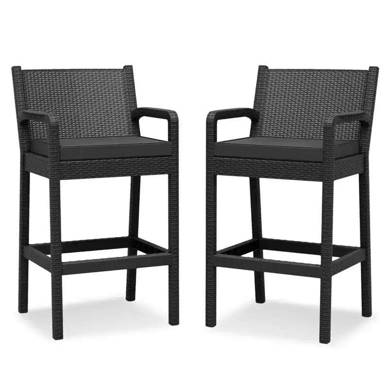 Set of 2 Black Wicker Outdoor Bar Stools with Arms & Cushions, Tall Weather-Resistant Patio Bar Height Chairs for Balcony, Garden, Pool Deck