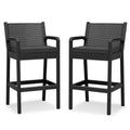 Set of 2 Black Wicker Outdoor Bar Stools with Arms & Cushions, Tall Weather-Resistant Patio Bar Height Chairs for Balcony, Garden, Pool Deck