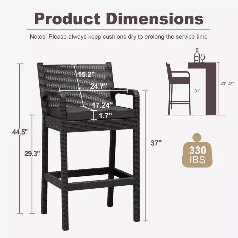 Ensemble de 2 tabourets de bar extérieurs en osier noir avec accoudoirs et coussins, chaises hautes de patio résistantes aux intempéries pour balcon, jardin, bord de piscine