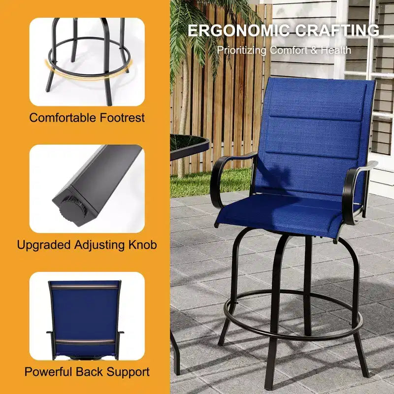 Lot de 2 chaises de bar pivotantes d'extérieur, tabourets de bar pivotants de terrasse à dossier haut avec accoudoirs, chaises de bar pivotantes hauteur comptoir pour terrasse, pelouse, jardin, arrière-cour