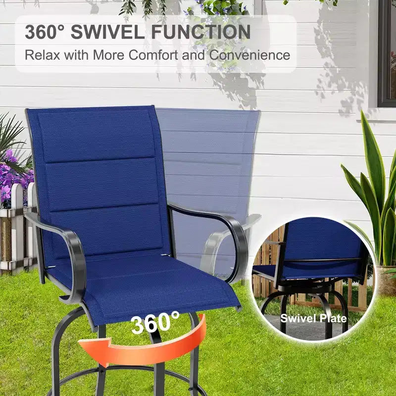 Lot de 2 chaises de bar pivotantes d'extérieur, tabourets de bar pivotants de terrasse à dossier haut avec accoudoirs, chaises de bar pivotantes hauteur comptoir pour terrasse, pelouse, jardin, arrière-cour