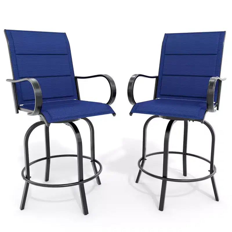 Lot de 2 chaises de bar pivotantes d'extérieur, tabourets de bar pivotants de terrasse à dossier haut avec accoudoirs, chaises de bar pivotantes hauteur comptoir pour terrasse, pelouse, jardin, arrière-cour