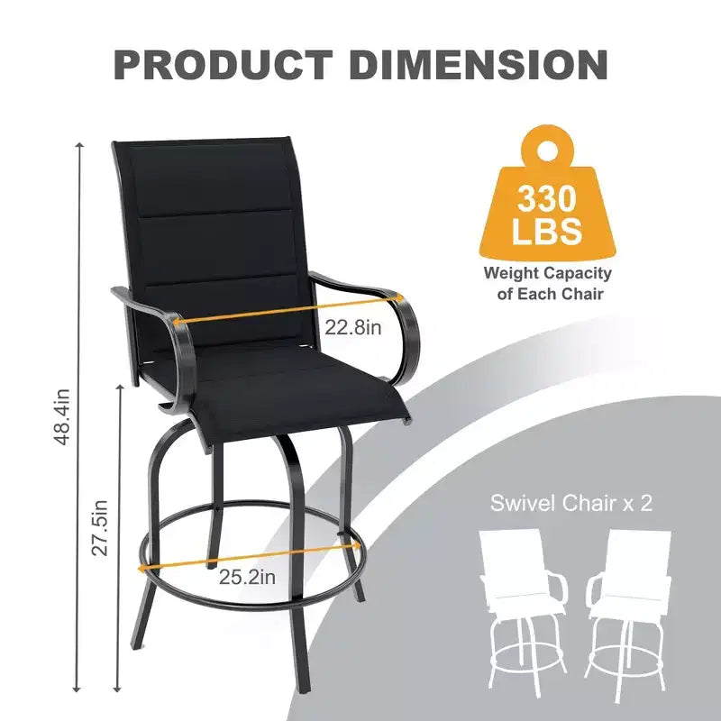 Lot de 2 chaises de bar pivotantes d'extérieur, tabourets de bar pivotants de terrasse à dossier haut avec accoudoirs, chaises de bar pivotantes hauteur comptoir pour terrasse, pelouse, jardin, arrière-cour