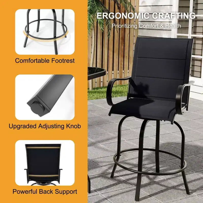 Lot de 2 chaises de bar pivotantes d'extérieur, tabourets de bar pivotants de terrasse à dossier haut avec accoudoirs, chaises de bar pivotantes hauteur comptoir pour terrasse, pelouse, jardin, arrière-cour