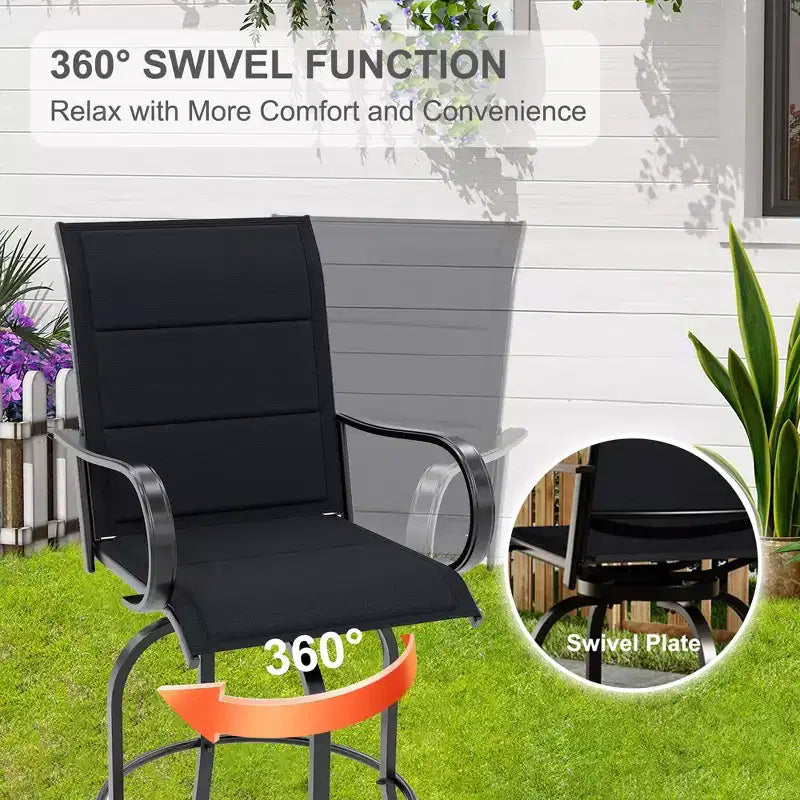 Lot de 2 chaises de bar pivotantes d'extérieur, tabourets de bar pivotants de terrasse à dossier haut avec accoudoirs, chaises de bar pivotantes hauteur comptoir pour terrasse, pelouse, jardin, arrière-cour