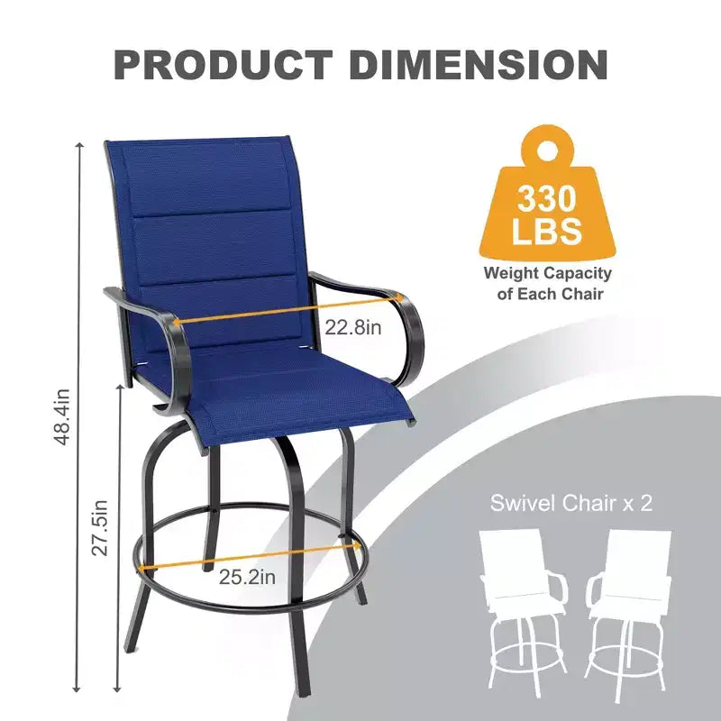 Lot de 2 chaises de bar pivotantes d'extérieur, tabourets de bar pivotants de terrasse à dossier haut avec accoudoirs, chaises de bar pivotantes hauteur comptoir pour terrasse, pelouse, jardin, arrière-cour