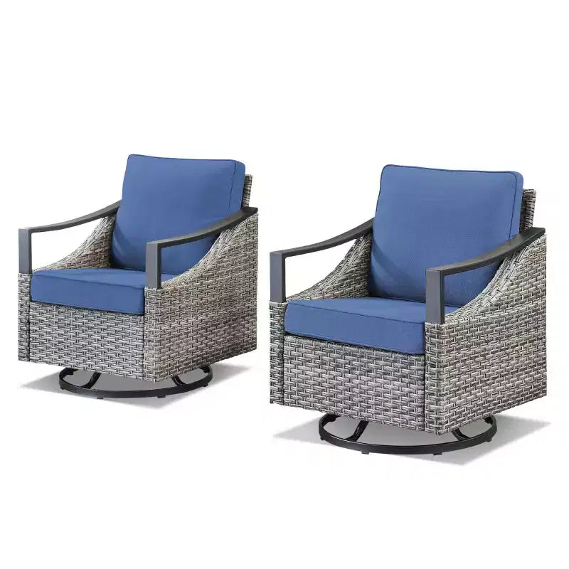 Lot de 2 chaises pivotantes d'extérieur, fauteuils de jardin à bascule en osier gris résistant aux intempéries avec coussins pour porche, cour arrière, jardin ou terrasse - Panipeachy