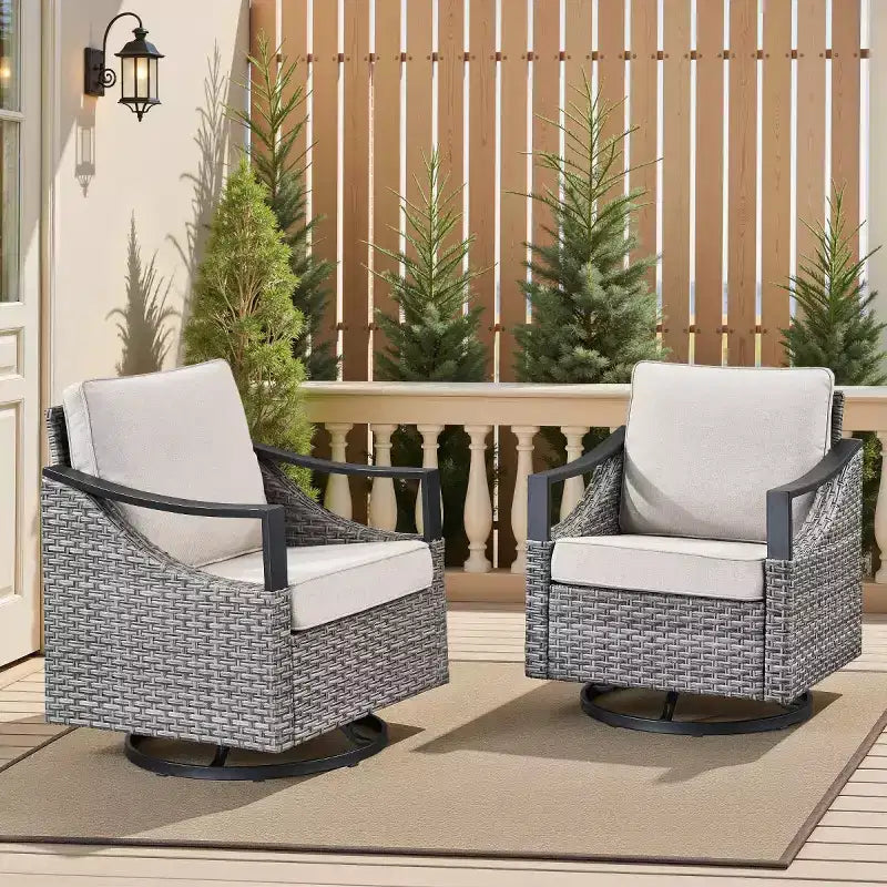 Lot de 2 chaises pivotantes d'extérieur, fauteuils de jardin à bascule en osier gris résistant aux intempéries avec coussins pour porche, cour arrière, jardin ou terrasse - Panipeachy