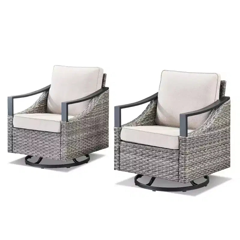 Lot de 2 chaises pivotantes d'extérieur, fauteuils de jardin à bascule en osier gris résistant aux intempéries avec coussins pour porche, cour arrière, jardin ou terrasse - Panipeachy