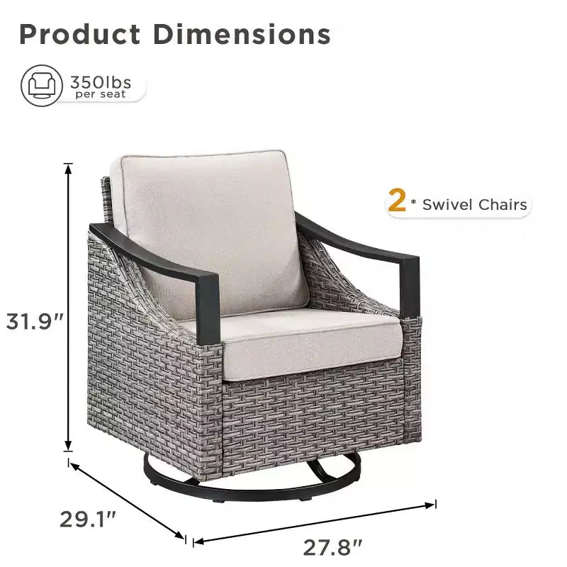 Lot de 2 chaises pivotantes d'extérieur, fauteuils de jardin à bascule en osier gris résistant aux intempéries avec coussins pour porche, cour arrière, jardin ou terrasse - Panipeachy