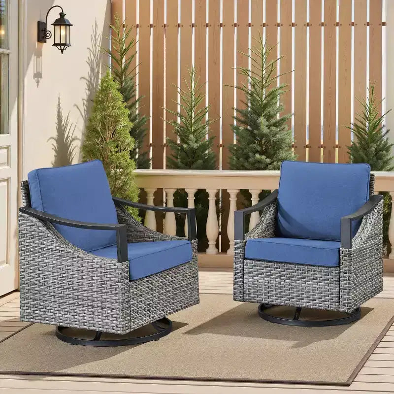 Lot de 2 chaises pivotantes d'extérieur, fauteuils de jardin à bascule en osier gris résistant aux intempéries avec coussins pour porche, cour arrière, jardin ou terrasse - Panipeachy