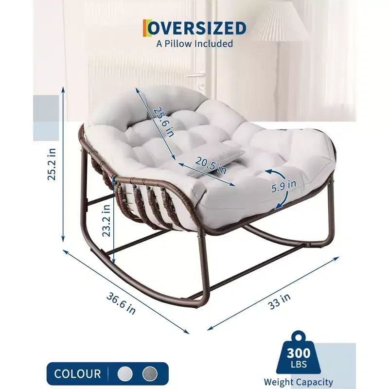 Fauteuil à bascule Papasan surdimensionné en rotin avec coussin blanc épais, fauteuil à bascule œuf pour adulte et siège de salon pour lecture en extérieur sur le patio et dans le salon