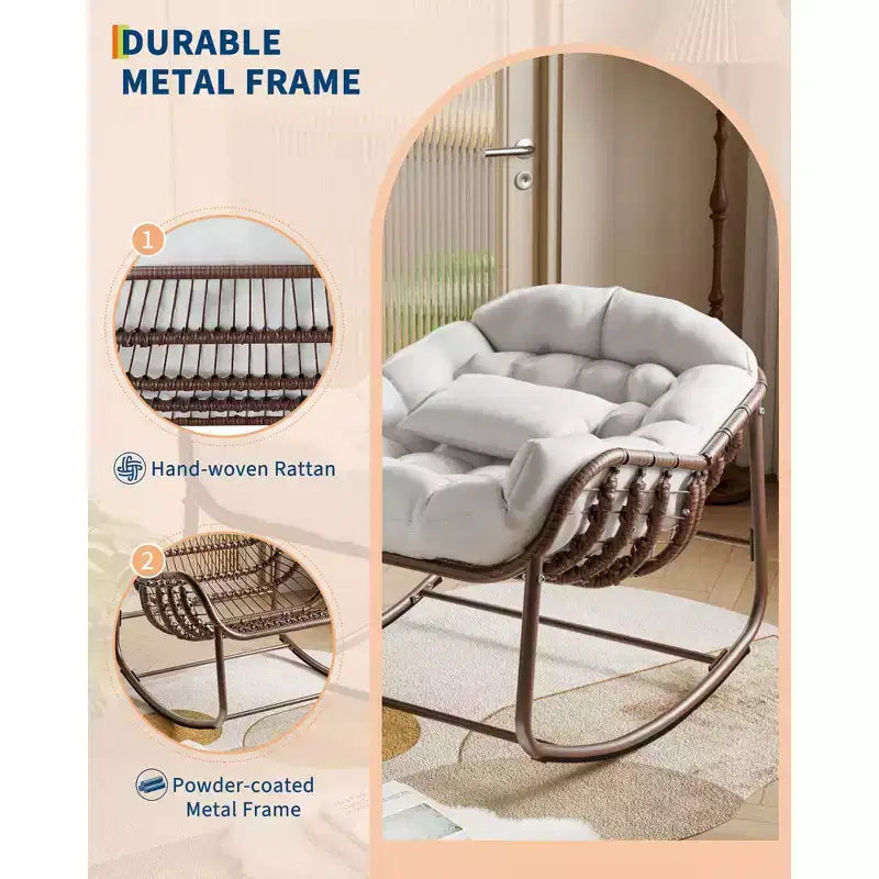 Fauteuil à bascule Papasan surdimensionné en rotin avec coussin blanc épais, fauteuil à bascule œuf pour adulte et siège de salon pour lecture en extérieur sur le patio et dans le salon