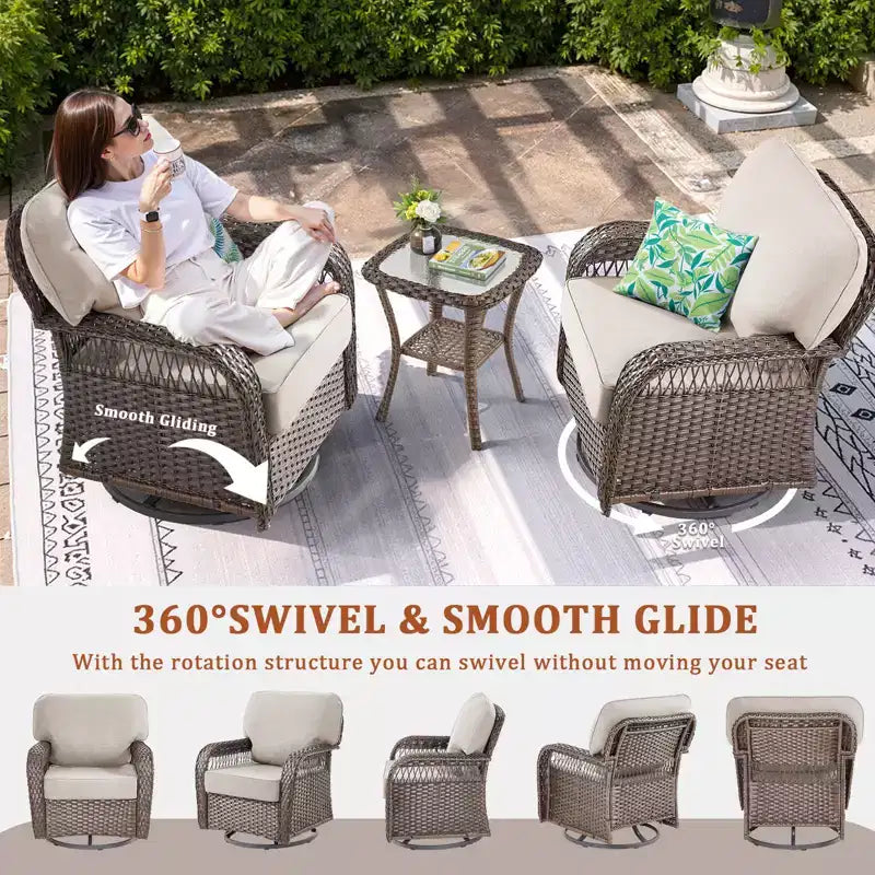 GDFStudio Tamqrah Fauteuil de jardin pivotant en osier avec coussins (Lot de 2)