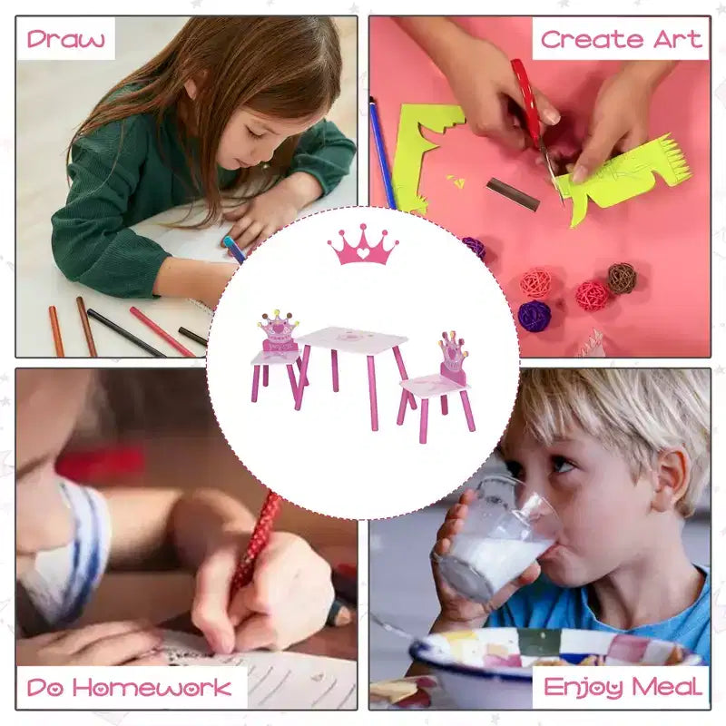 Qaba Ensemble table et 2 chaises en bois pour enfants avec motif couronne, pour les tout-petits de 2 à 4 ans, rose