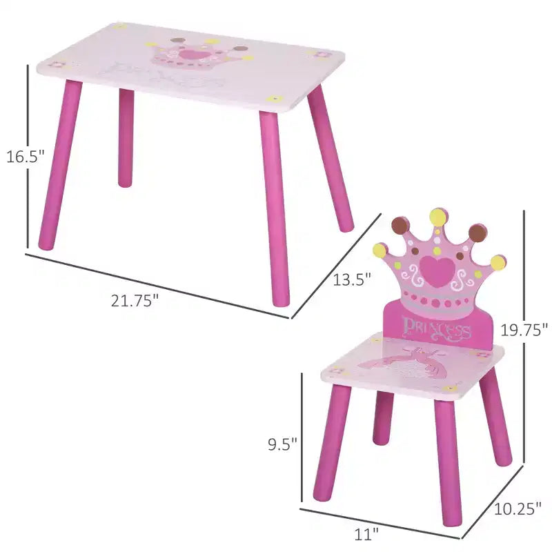 Qaba Ensemble table et 2 chaises en bois pour enfants avec motif couronne, pour les tout-petits de 2 à 4 ans, rose