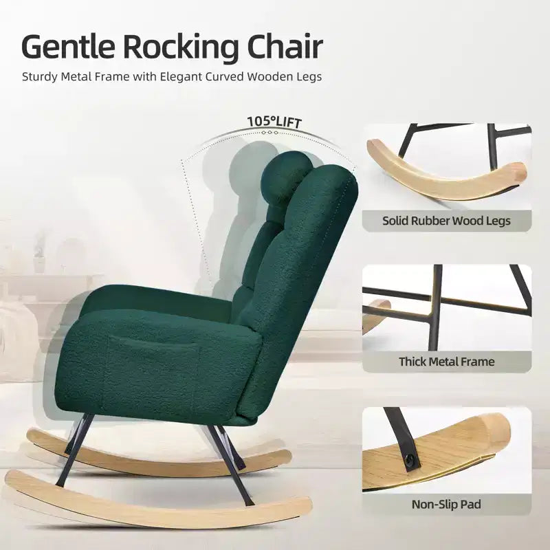 Fauteuil à bascule pour chambre d'enfant, Fauteuil à bascule rembourré Teddy avec dossier haut et accoudoirs pour salon