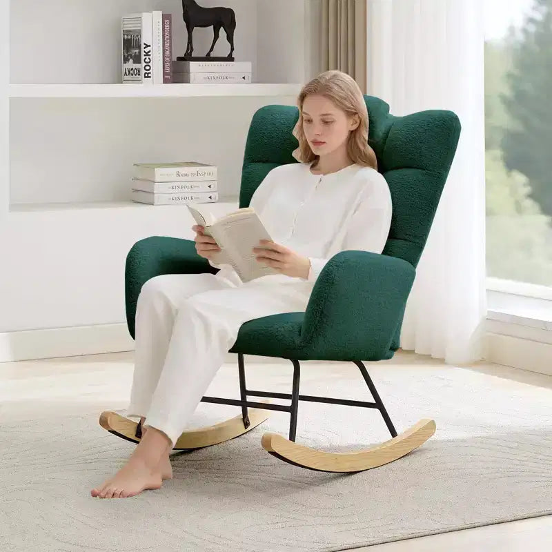 Fauteuil à bascule pour chambre d'enfant, Fauteuil à bascule rembourré Teddy avec dossier haut et accoudoirs pour salon