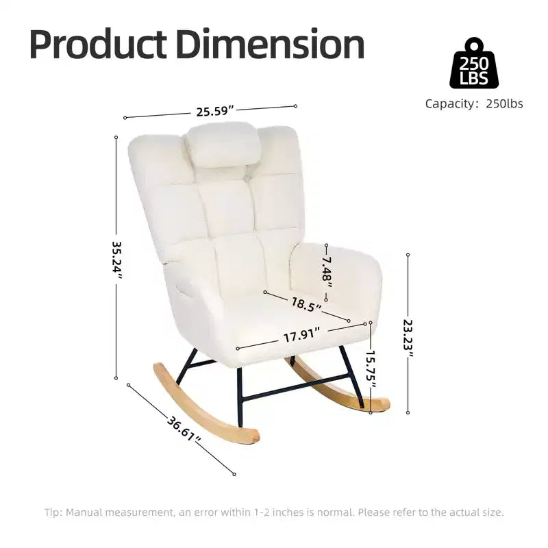 Fauteuil à bascule pour chambre d'enfant, Fauteuil à bascule rembourré Teddy avec dossier haut et accoudoirs pour salon