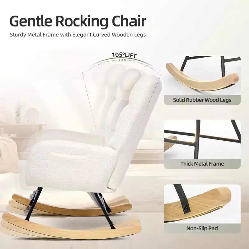 Fauteuil à bascule pour chambre d'enfant, Fauteuil à bascule rembourré Teddy avec dossier haut et accoudoirs pour salon
