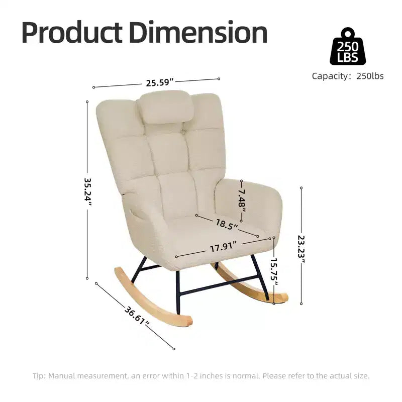 Fauteuil à bascule pour chambre d'enfant, Fauteuil à bascule rembourré Teddy avec dossier haut et accoudoirs pour salon